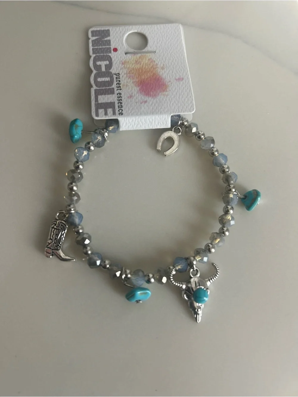 Nicole Silver-Tone Beaded Charm Bracelet with Turquoise Accents